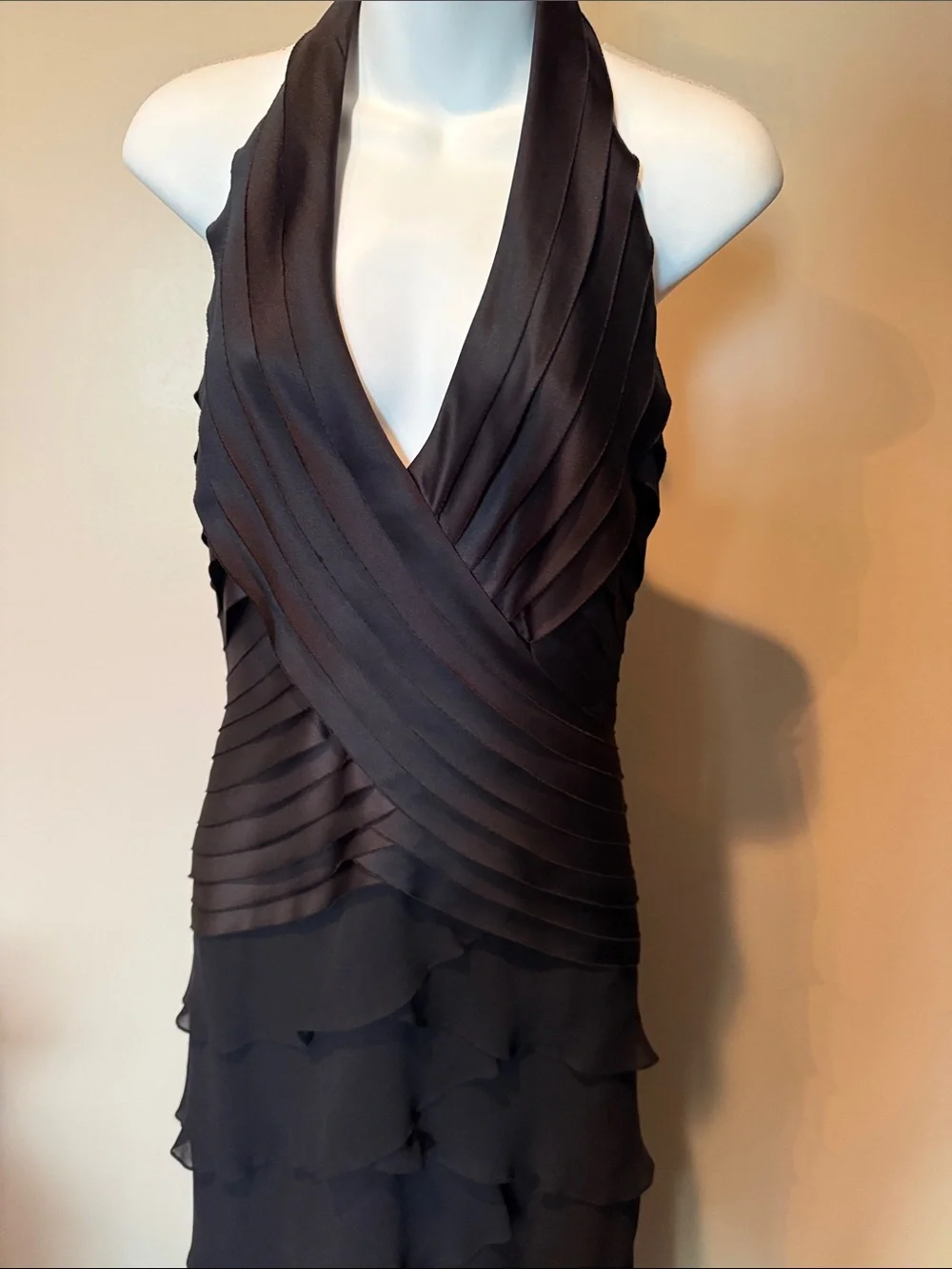 Tadashi Collection Elegant Black Halter Tiered Ruffle with train Evening Gown - Picture 2 of 7